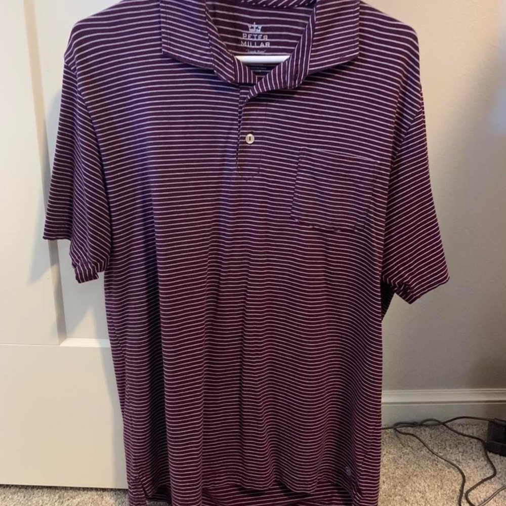 Purple & White Striped Peter Millar Short Sleeve Polo

Size: M